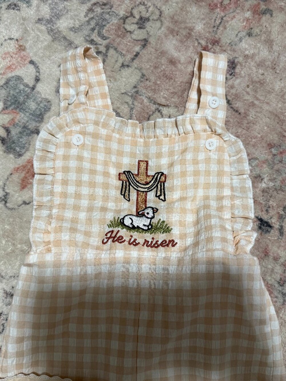 “He Is Risen” Gingham Bell Bottom Romper Toddler - Picture 4 of 6